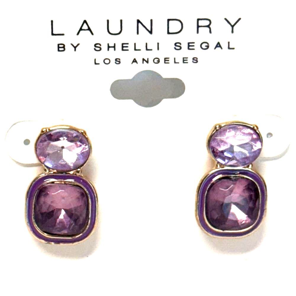 NWT Laundry By Shelli Segal Purple Crystal Gold Tone Drop Earrings 1" Statement